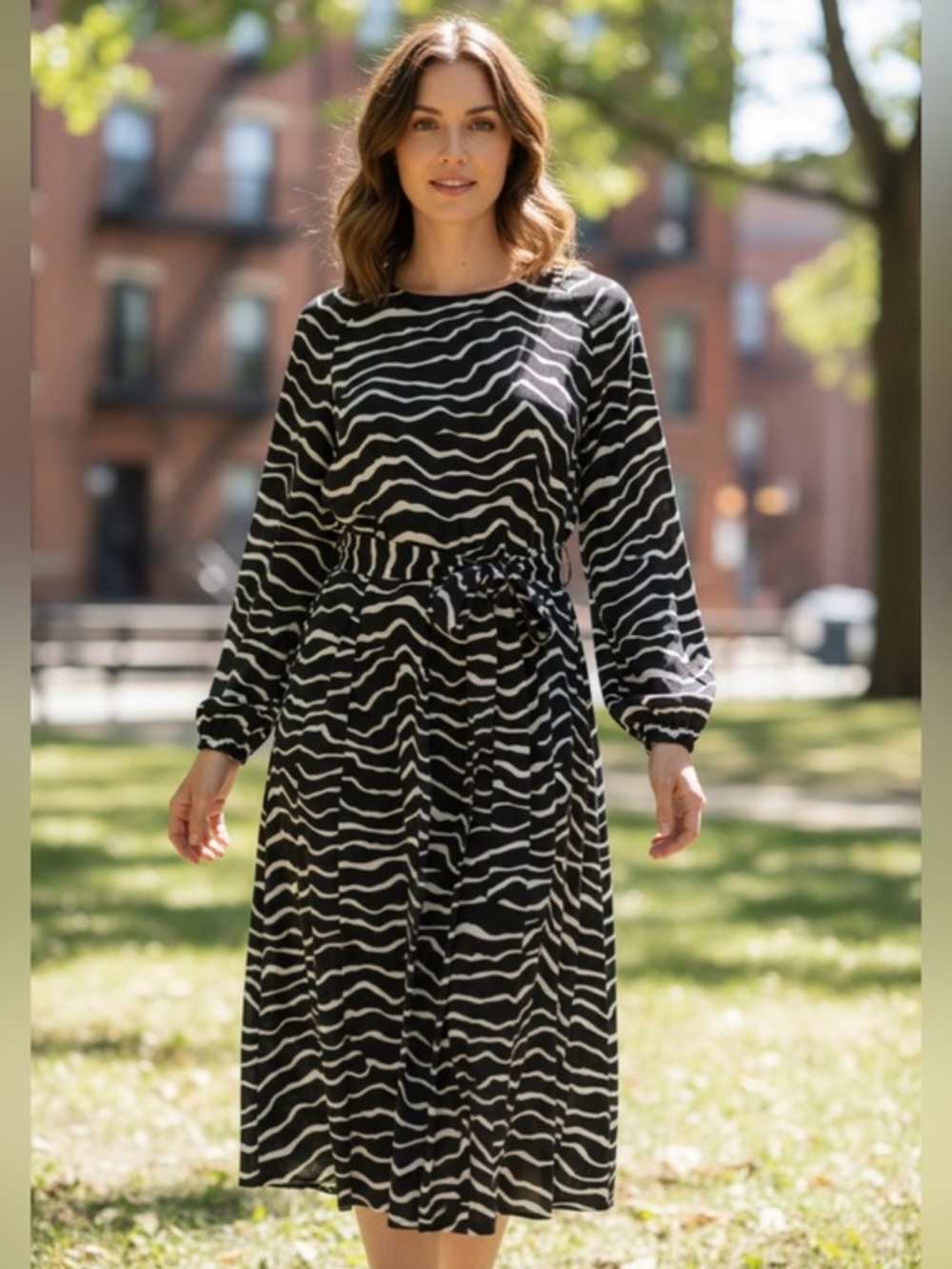 🫶🏻 Who What Wear Black & White Wavy Stripe Long-Sleeve Dress